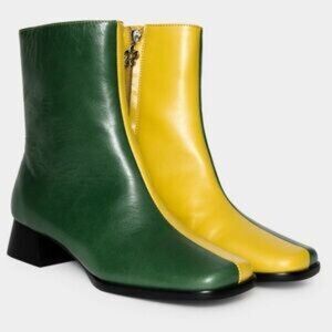 Lisa Says Gah Two-Tone Green and Yellow Leather Ankle Boots